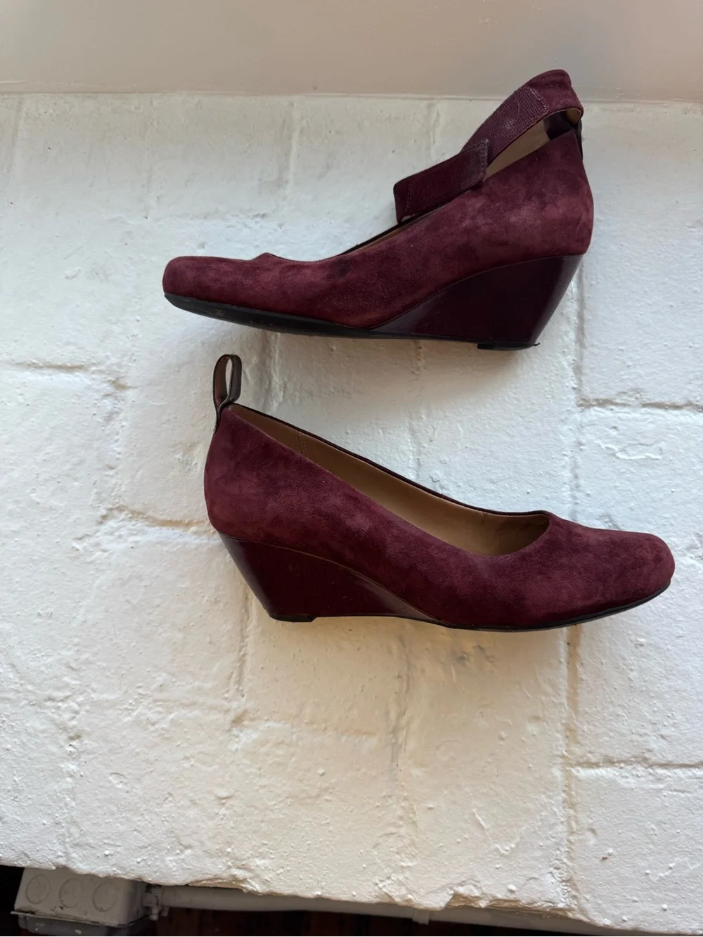 Clarks Burgundy Suede Ankle-Strap Wedges
